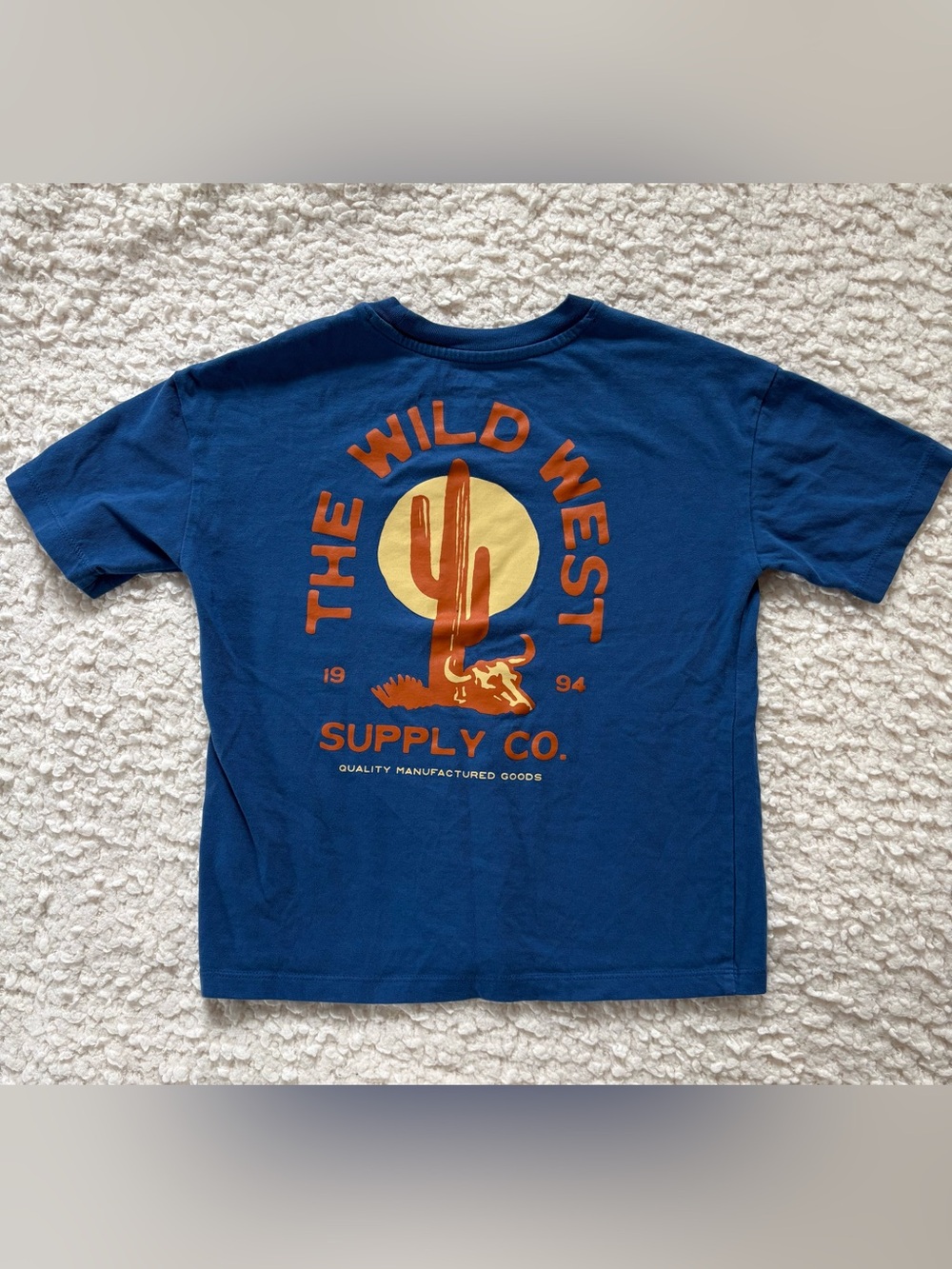 Old Navy Blue Kids Tee with Orange & Yellow Wild West Graphic